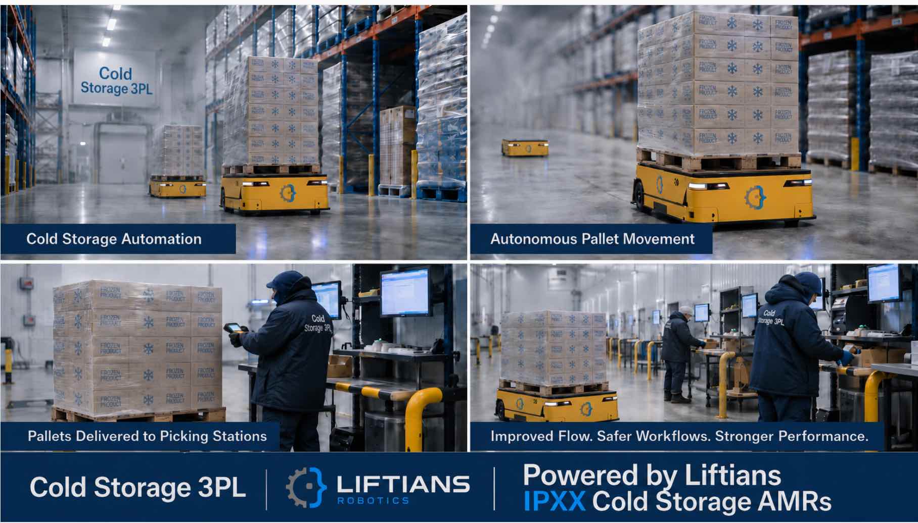 Liftians IPXX cold storage AMRs moving frozen-product pallets and delivering to picking stations in a refrigerated 3PL warehouse