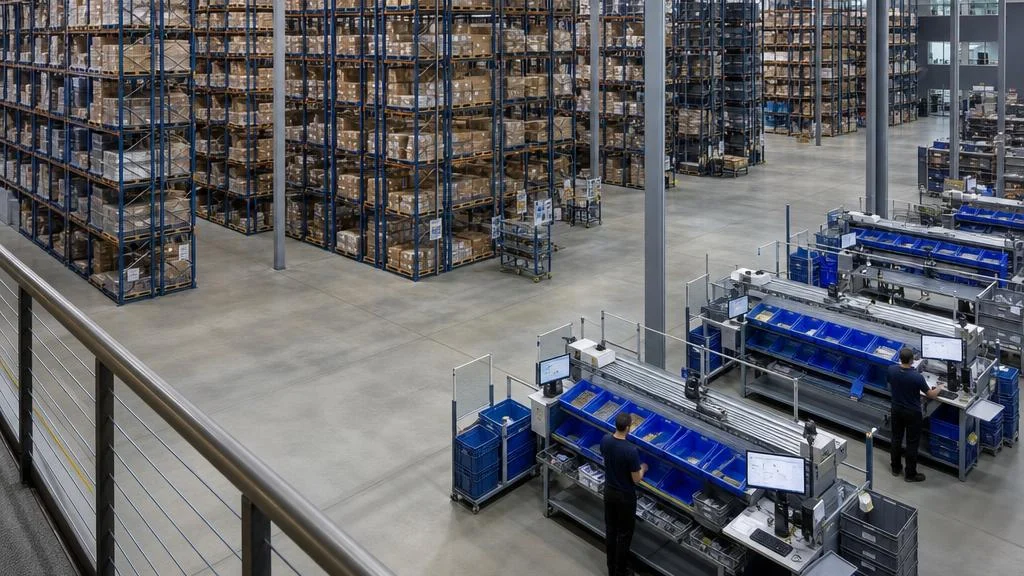 Warehouse picking stations and storage aisles for order fulfillment